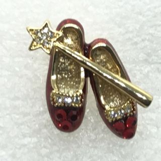 Vintage Ruby Red Slippers Lapel Pin Rhinestone Enamel Star Wand Oz Dorothy