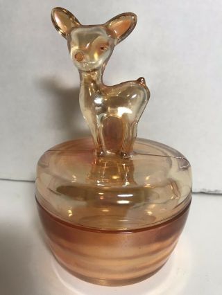 Vintage Marigold Iridescent Carnival Glass Deer Fawn Powder Trinket Candy Dish