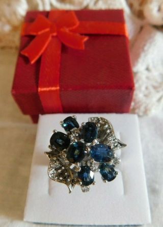 Vintage Blue Sapphire,  Clear Crystal Ladies Cluster Ring Size 7.  5 Art Deco Style