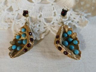 Vintage Turquoise And Ruby Red Rhinestones Dangling Gold Shell Earrings Pierced