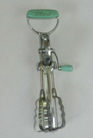Vintage Flint Best Ekco Hand Mixer Turquoise Handle Stainless Egg Beater