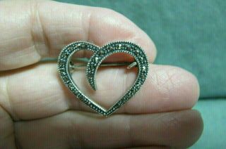 Vtg Ma Sterling Silver Marcasite Heart Shaped Brooch Pin