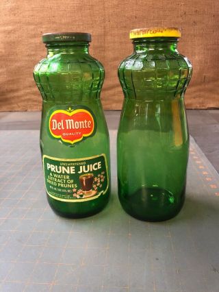 2 Del Monte Prune Juice Green Bottles 40 Oz Vintage Size 9.  5 " 1 Without Label