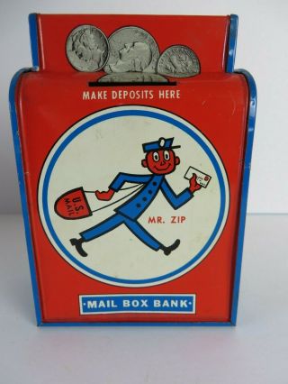 Vintage Ohio Art Us Mail Box Bank Mr.  Zip Tin Litho Red White Blue 1205