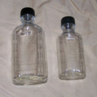 2 Vintage Duraglas Glass Bottles Medicine W/ Black Lids 3ii & 3iv 5 " 4 "