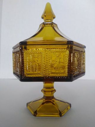 Vintage Amber Glass Candy Dish W/ Lid - Colonial Scenes W/ Spired Top