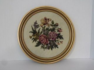 Vintage Needlepoint Floral Needle Craft Framed Circular Wall Hanging