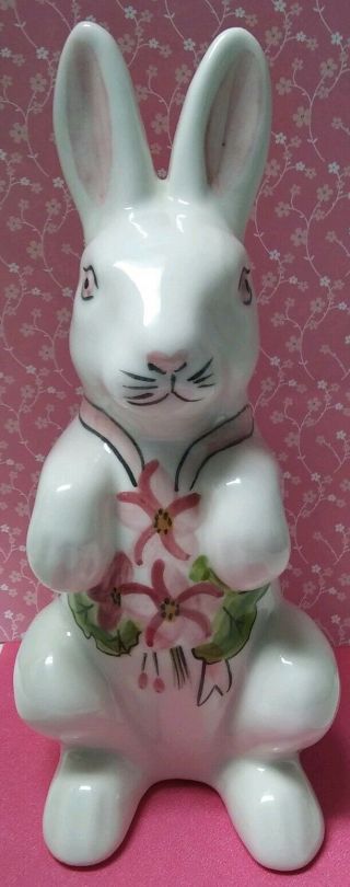 Vintage N S Gustin Co Hand Painted Bunny Rabbit Ceramic 8.  25 " H White & Pink Usa