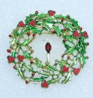 Vintage Christmas Wreath Pin Brooch Green Enamel Holly Leaves With Red Berries