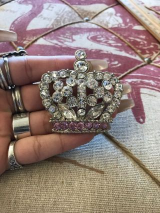 Vintage Inspired Costume Silver Tone Rhinestone Crown Brooch/ Pendant