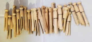 30 Vintage Wooden Flat Round Head Clothes Pins Wire Wrapped Laundry Rustic Craft