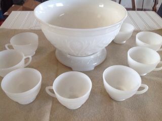 Vintage Milk Glass Punch Bowl With Pedestal And 8 Cups