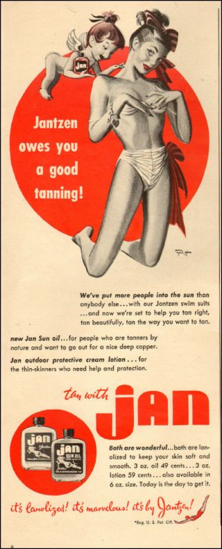 1940s Vintage Ad For Jan Sun Tan Oil From Jantzen,  Sexy Cartoon Art 021818