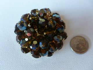 Stunning Vintage Gold Tone Rhinestone Aurora Borealis Dangle Crystal Pin Brooch