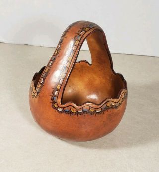 Handmade Hand Painted Gourd Basket Vintage