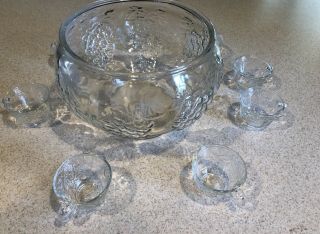Vintage Indiana Glass Beveled Grapes Punch Bowl Set 8 Cups