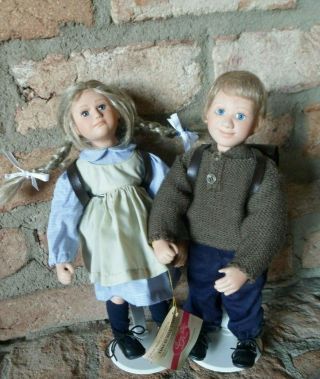 Vintage Amish Looking Boy & Girl Porcelain / Cloth 12 " Dolls Signed And Numbered