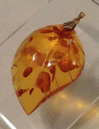 Vintage Carved Amber Leaf Pendant 1/20 12k Gf Bale Honey Colored 8.  25 Grams