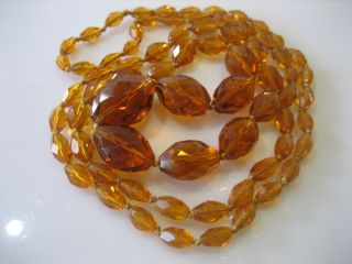 Estate Vintage Long Hand Knotted Graduated Amber Color Faceted Necklace