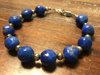 Vintage Lapis Lazuli Stones & Sterling Silver 925 Beads Bracelet 8.  25”