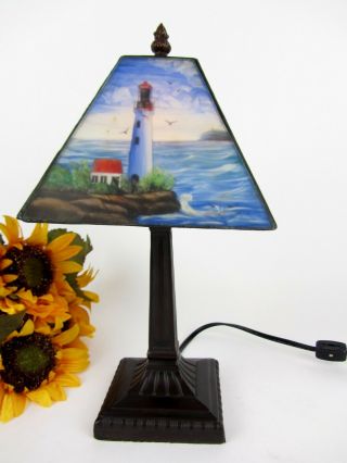 Vintage Small Tiffany Style Lighthouse Night Light Accent Table Desk Lamp
