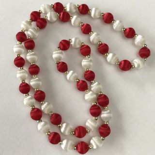 Vtg Necklace Satin Silk Thread Wrapped Bead Single Strand Red White Christmas