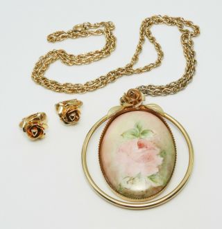 Vintage Hand Painted Pendant Necklace And Earring Set