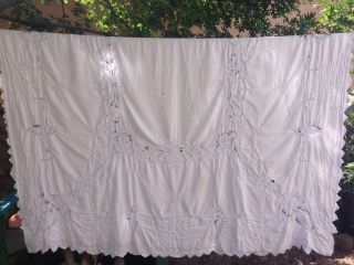 Vintage Tablecloth Lace Embroidered Open Work Border Light Blue Threads 80 X 64 "