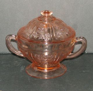 Vintage Pink Depression Glass Sugar Bowl With Lid Rose Pattern