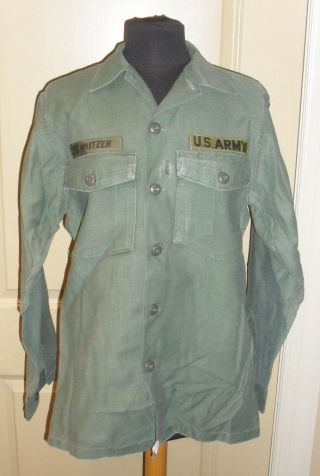 Vintage 1969 Vietnam Era Og - 107 Sateen Utility Shirt Man Us Army Green 15.  5 X 33