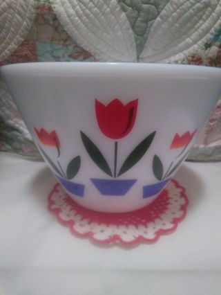 Vintage Fire King Tulip Nesting Bowl 9.  5 inch With Vintage Doily 2