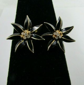 Vintage Signed Craft Black Enamel Rhinestone Gold Tone Flower Clip On Earrings