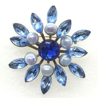 Vintage Flower Burst Brooch Pin Blue Marquise Rhinestone Opalescent Glass Cab