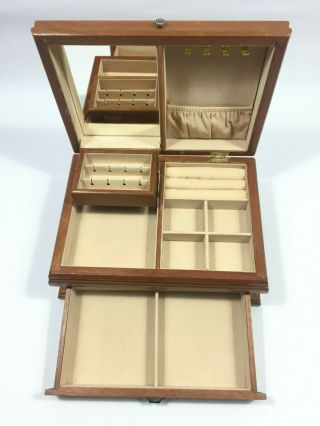 Vintage Wood Jewelry Box,  Trinket Keepsake,  Hinged Lid,  Drawer,  Mirror