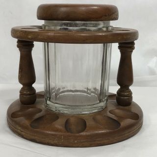 Vintage Wooden Pipe Stand With Glass Humidor For 10 Pipes