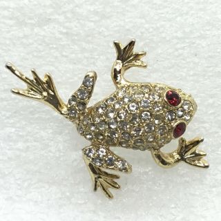 Vintage Frog Brooch Pin Pave Glass Rhinestone Red Eyes Costume Jewelry