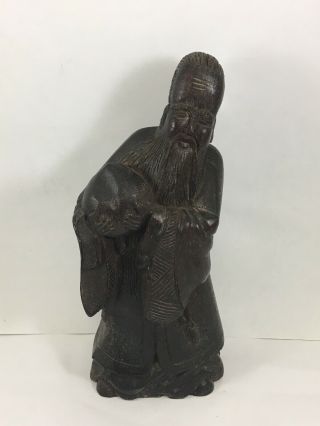 Shou Lao Hand Carved Wooden Figurine Fukurokuju 8.  5 " Vintage Carving