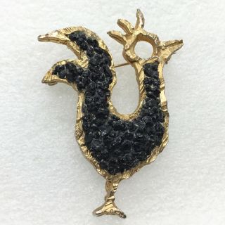 Signed Joy Vintage Rooster Brooch Pin Black Glass Chips Bird Costume Jewelry