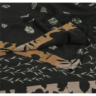Sanskriti Vintage Black Saree 100 Pure Crepe Silk Printed Sari Craft Fabric