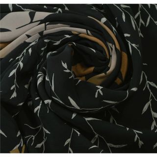 Sanskriti Vintage Black Saree 100 Pure Crepe Silk Printed Sari Craft Fabric 4