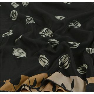 Sanskriti Vintage Black Saree 100 Pure Crepe Silk Printed Sari Craft Fabric 5
