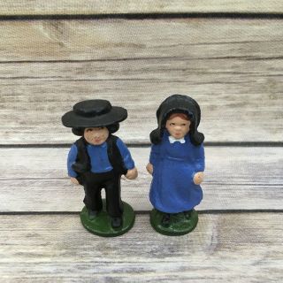 Vintage Cast Iron Metal Amish Man & Woman In Blue Clothing Figurines