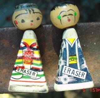 Old Vintage Japanese Boy & Girl Eraser Doll Set Japan Wood Kokeshi Toy Geisha