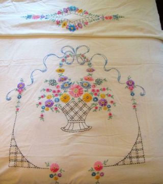 Vintage Hand Embroidered Coverlet.  Flower Basket