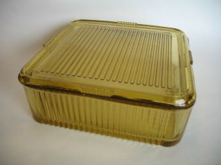 Vintage Federal Depression Glass Amber Large Ribbed Refrigerator Dish 8 " X8 " Ex