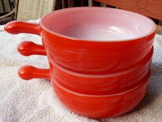 Set Of 3 Vintage Glasbake Chili Or French Onion Lug Handled Soup Bowls,  Orange