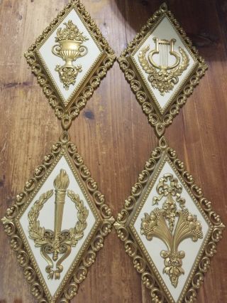 4 VINTAGE HOMCO HOME INTERIOR GOLD MID CENTURY WALL PLAQUES 4271 (ABC&D) ORNATE 2
