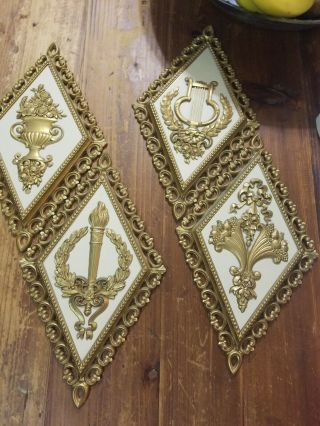 4 VINTAGE HOMCO HOME INTERIOR GOLD MID CENTURY WALL PLAQUES 4271 (ABC&D) ORNATE 3