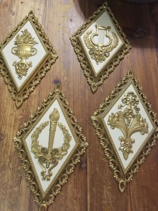 4 VINTAGE HOMCO HOME INTERIOR GOLD MID CENTURY WALL PLAQUES 4271 (ABC&D) ORNATE 4