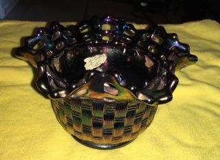 Vtg Fenton Black Amethyst Carnival Glass Basketweave Openwork Dish Bowl